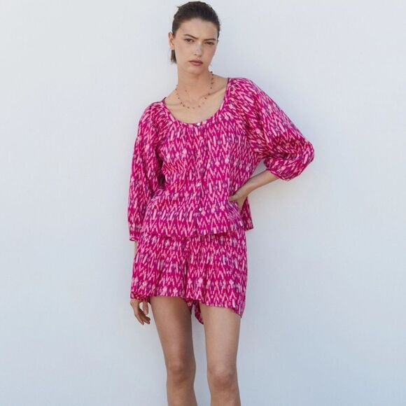 Mango pink printed blouse with puff sleeves - Picture 3 of 7